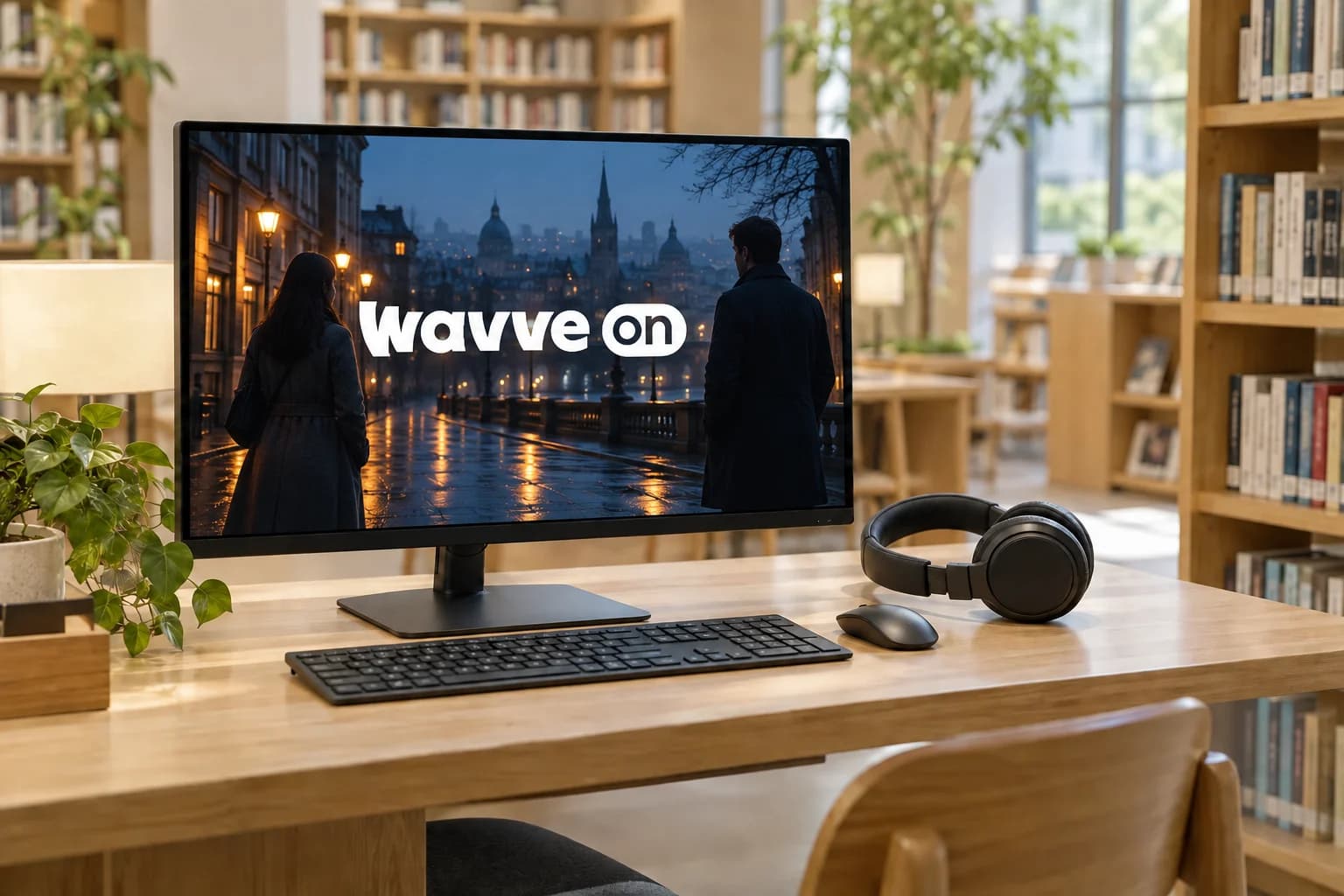 영화 분위기의 장면과 중앙의 웨이브온 로고가 표시된 도서관 PC 모니터와 헤드폰