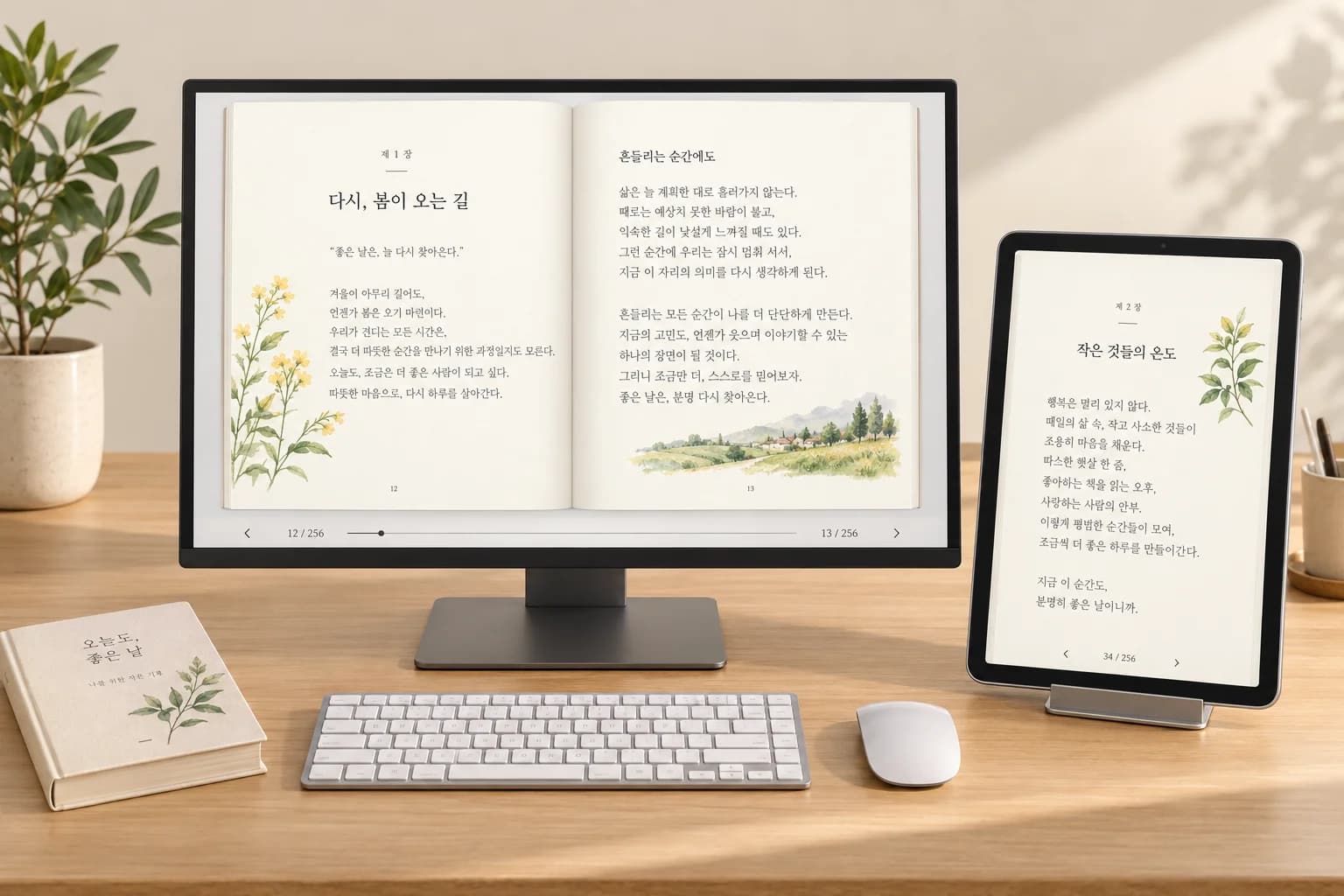 PC 모니터와 태블릿에 각각 전자책 본문과 페이지 이동 화면이 표시된 모습